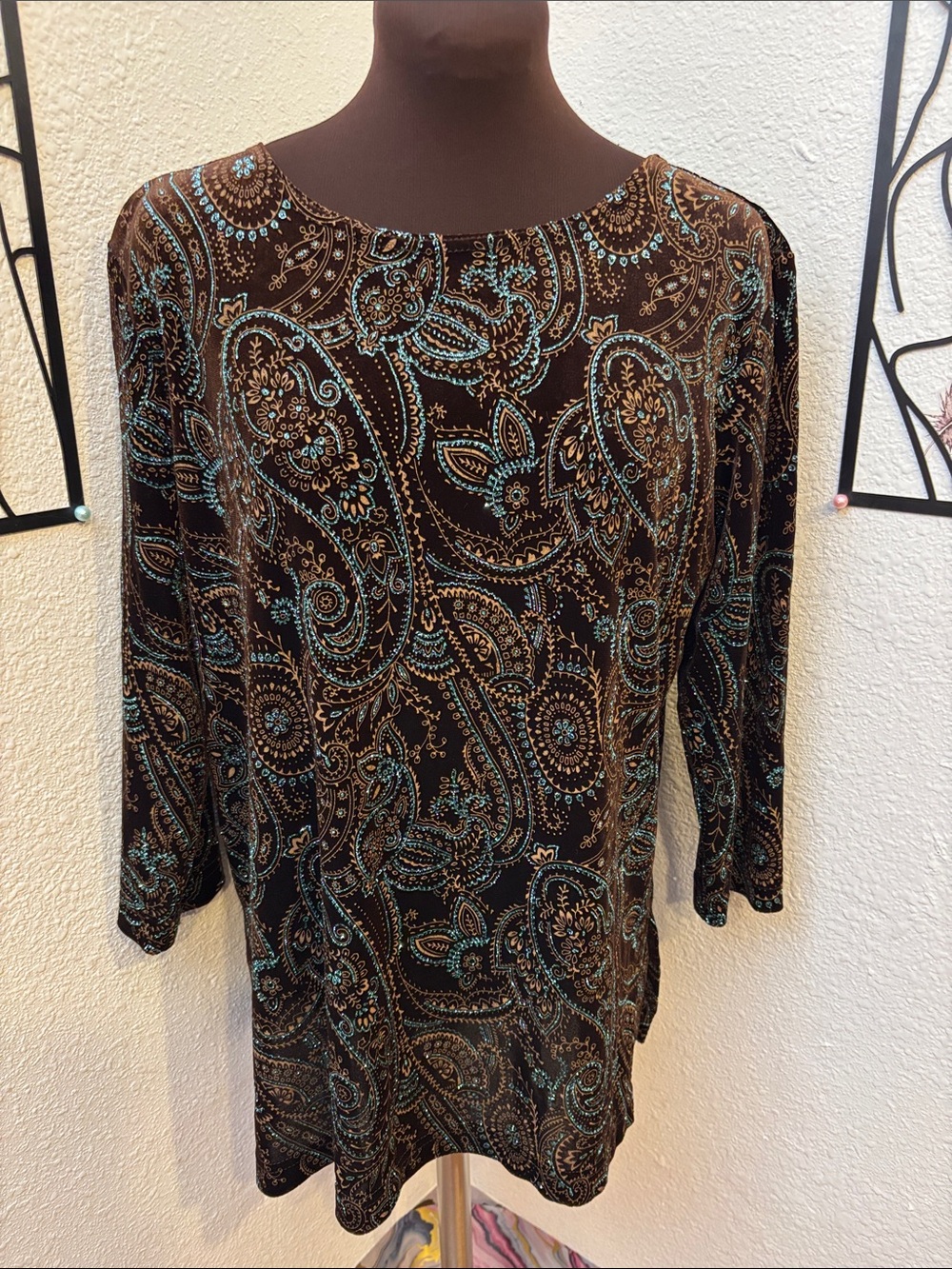 Y2K Coldwater Creek Brown Paisley Top- Blue & Bronze Turquoise Accents. Size L